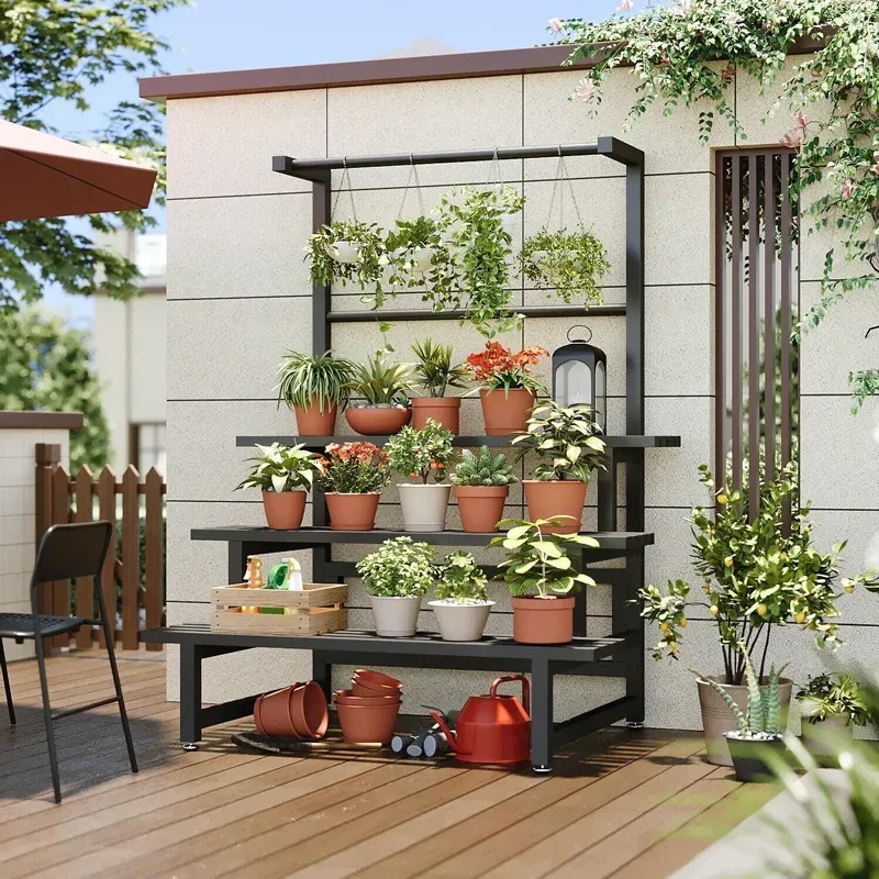 Outdoor Furniture Balcony - 多層ディスプレイ植物ラック棚、ユニバーサル屋外金属正方形棚、高級黒、バルコニー家具