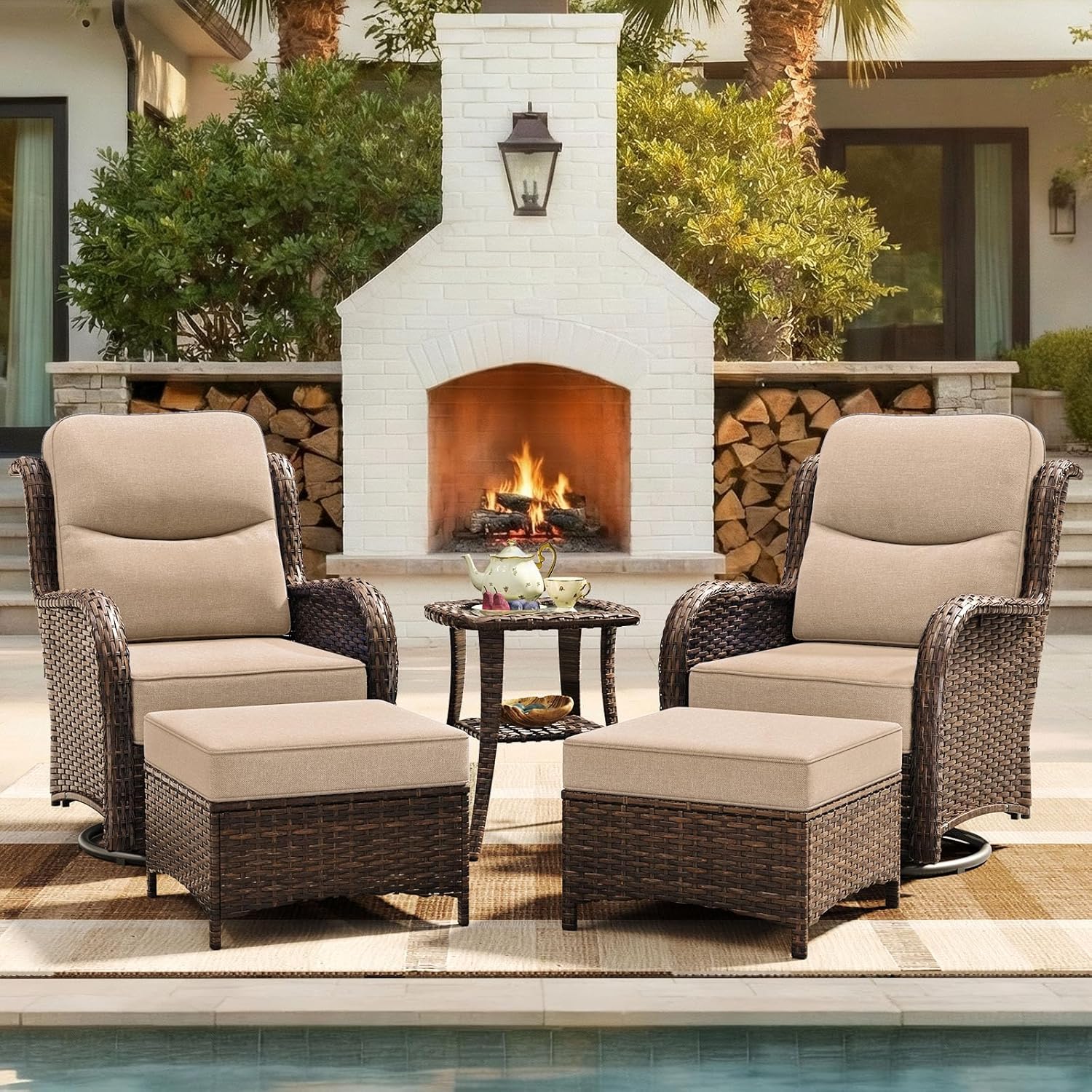 Outdoor Furniture Ofo - o*-高級パティオ家具セット、厚さ6インチのクッション付き、屋外用ハイバック回転式ロッカーパティオチェア、5ピースの籐製、カスタマイズ可能