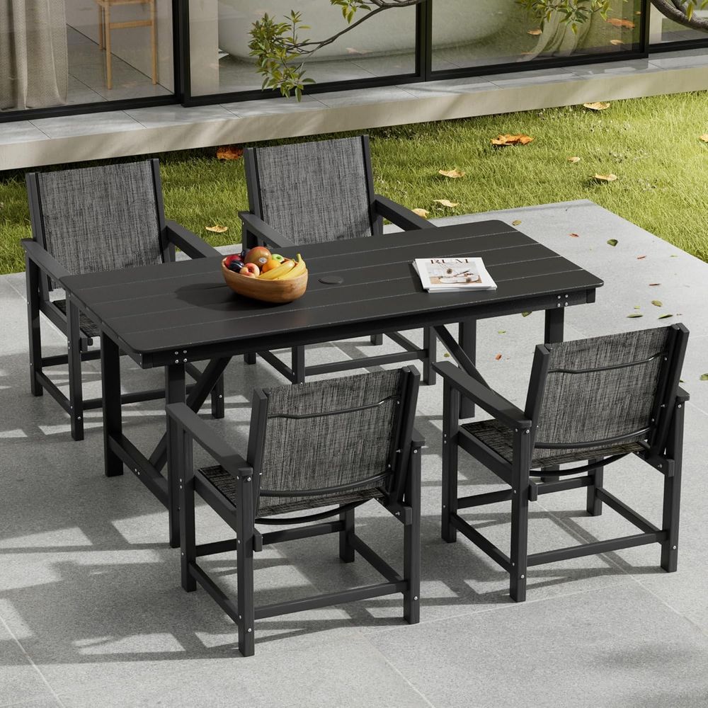Outdoor Furniture Ofo - HDPE屋外ダイニングセットまたは4人用、全天候型パティオ家具テーブルと椅子セット（傘穴付き）屋外ダイニングテーブルセットo 4 T