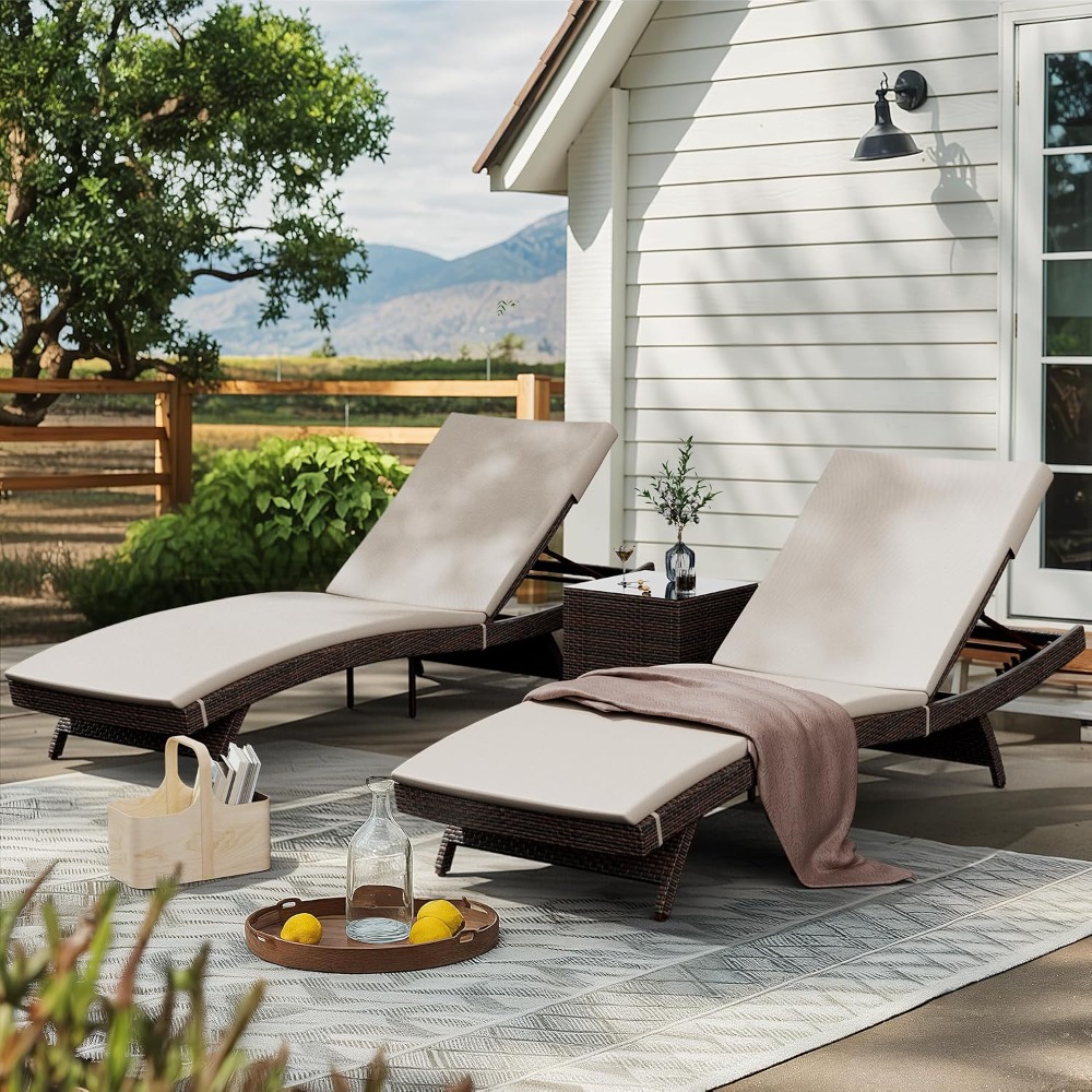 Rattan Lounge Set - パティオ用シェーズロングセット3点セット、調節可能な背もたれと取り外し可能なクッション付き、屋外プールチェア、カスタマイズ可能