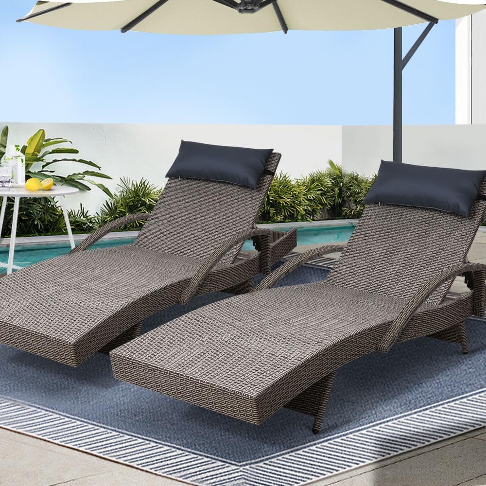 Rattan Lounge Set - 4つの調節可能な位置設定が可能な厚手のクッション、PEラタン製屋外リクライニングチェア、パティオ用シェーズロングチェア、2脚セット