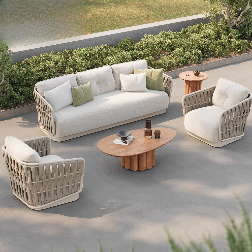 Rattan Lounge Set - ガーデンコンフォートソファメタルセット高級編みロープデザイン屋外用コンビネーションガーデンソファセット防水