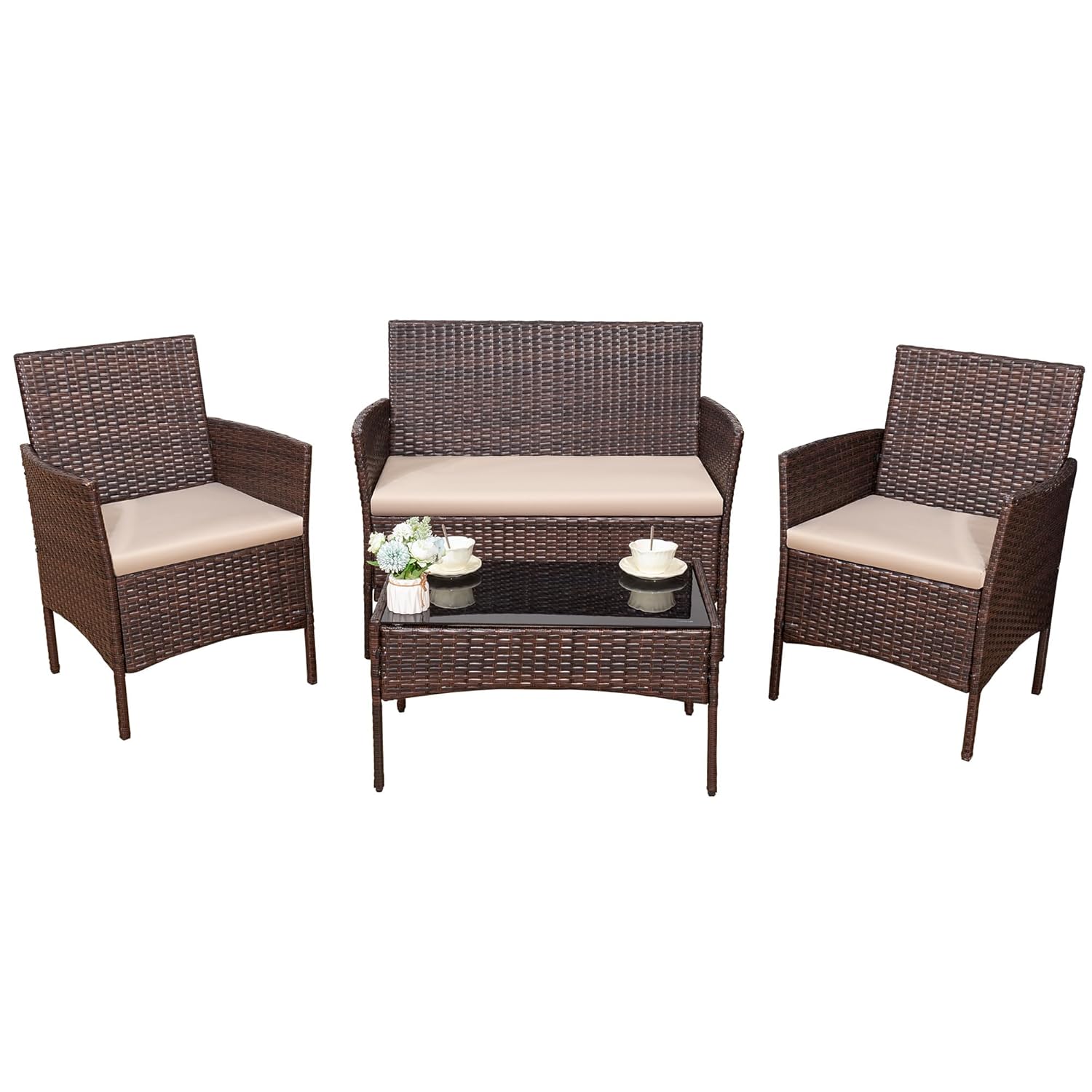Outdoor Furniture Ofo - o*-4ピース屋外パティオ家具セット、PEラタン製ウィッカーチェア、ベージュのバルコニー、芝生、ポーチ、パティオ家具セット、カスタマイズ可能