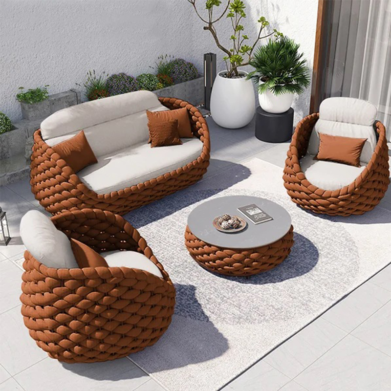 Rattan Lounge Set - ジュエチェン北欧デザイン織りロープ籐製屋外ガーデンソファラウンジセットパティオ家具セクショナル屋外ソファ