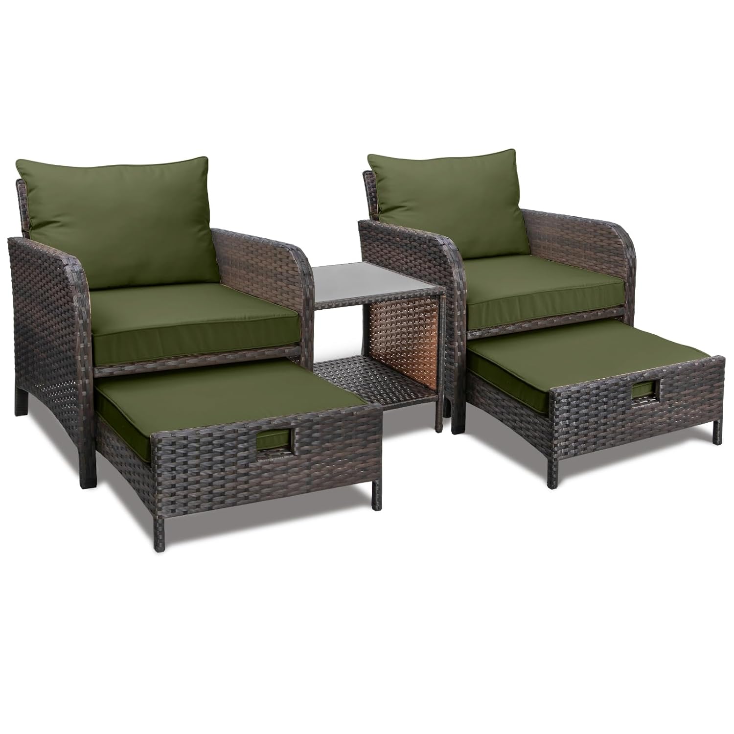 Rattan Lounge Set - 5ピースPEラタンパティオセット屋外ラウンジチェアオットマンガラステーブルポーチ芝生クッションブラウンアーミーグリーン、カスタマイズ可能