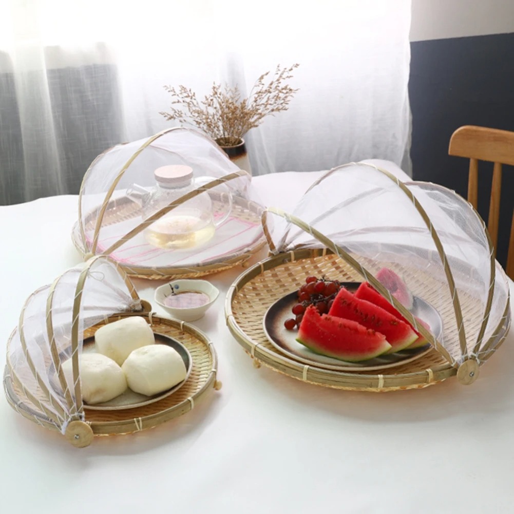 Outdoor Furniture Protector - 竹編みバスケット防蚊帳果物野菜バスケットちりとりテントバスケットトレイポータブル屋外ピクニックメッシュネットカバー