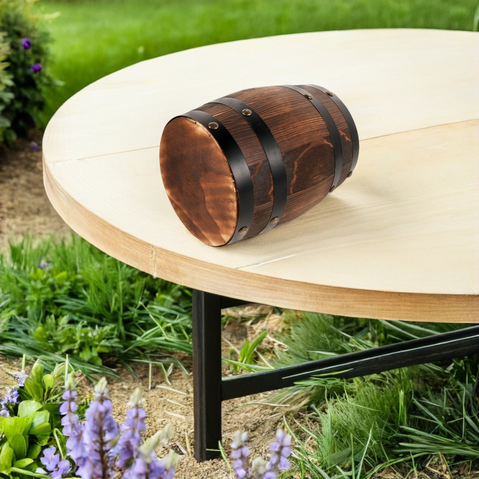 Outdoor Furniture Balcony - 木製屋外バレルスツール ヴィンテージウイスキーバレルスツール 素朴なパティオサイドテーブル バルコニー ライトブラウン芝生