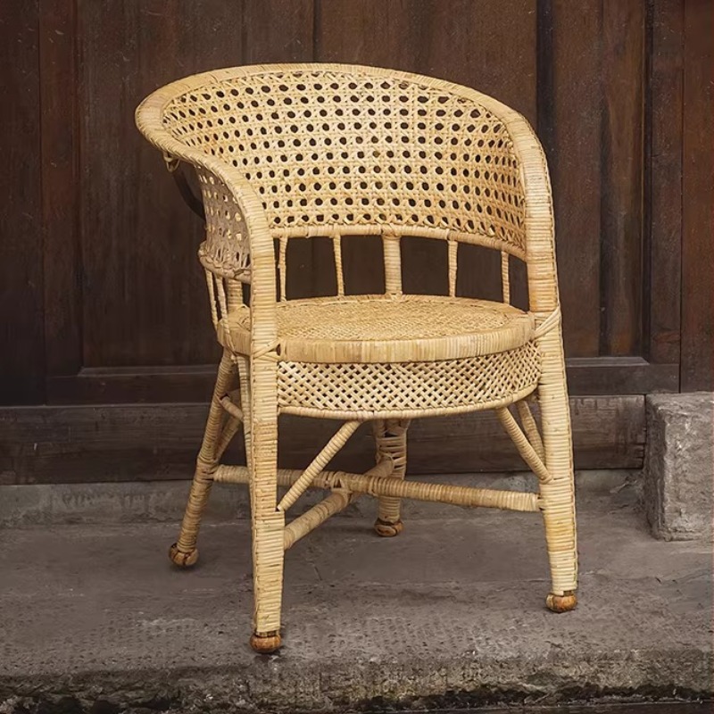 Outdoor Furniture Vintage - 屋外用手作り天然籐椅子、ヴィンテージ風背もたれ付き通気性クッション、バルコニーラウンジ用ガーデンパティオ家具