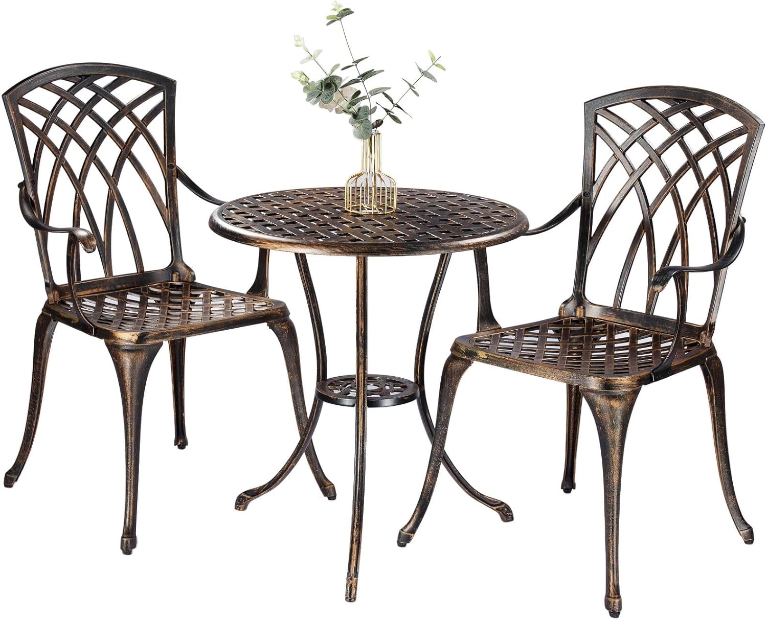 Outdoor Furniture Aluminium - 錆びにくいブロンズ色の鋳造アルミニウム製3ピース屋外ビストロセット、傘穴付き丸テーブル、パティオ、バルコニー、プライベートヤードでのレジャーに最適な頑丈な金属製家具