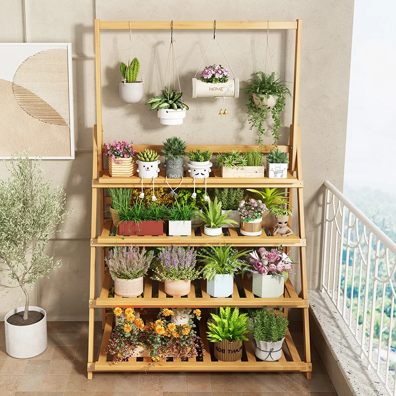 Outdoor Furniture Balcony - 無垢材フラワーシェルフ植物棚多層折りたたみ独創性デザイン植物棚バルコニー屋外家具サポート