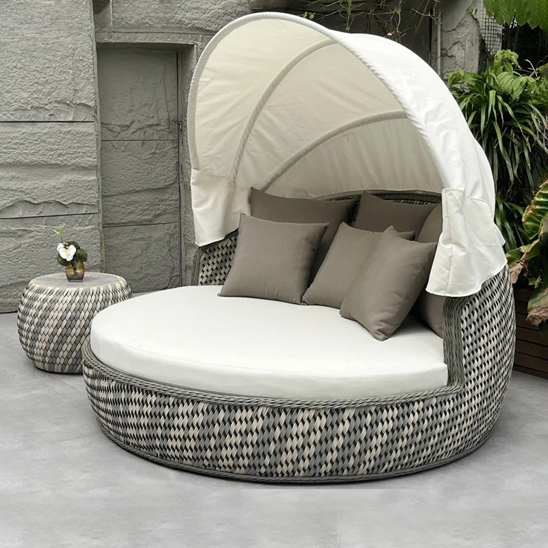 Rattan Lounge Set - デイベッド、紫外線防止防錆丸型、籐製ラウンジソファ、キャノピー付きクッション、屋外サンベッド、カスタムホテルプールパティオ家具