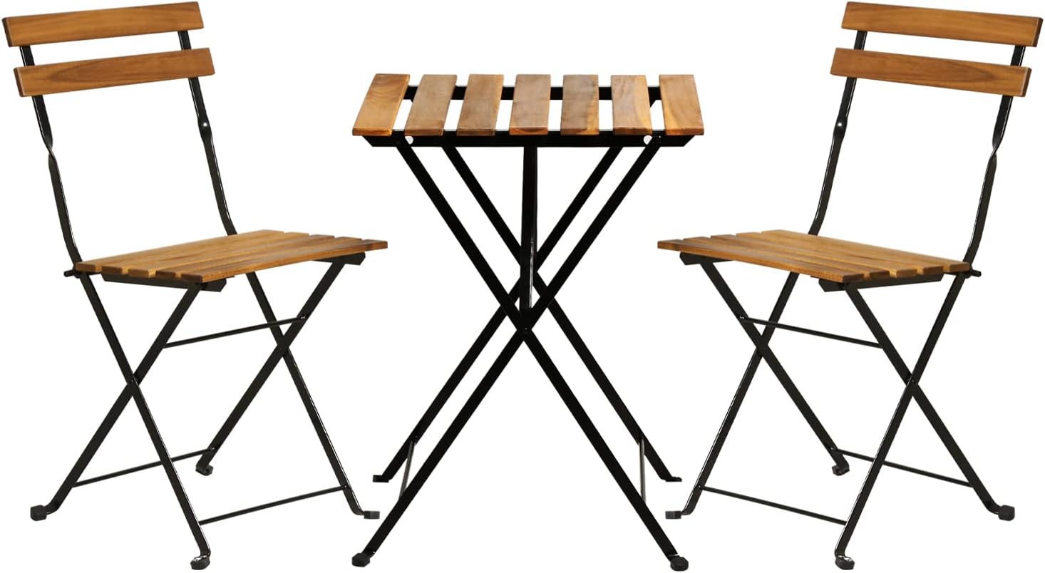 Outdoor Furniture Wood - 天然木製3ピース折りたたみ式パティオビストロセット（テーブル1台と折りたたみ式椅子2脚）、アパート、芝生、バルコニー、裏庭での日常の休息に最適な省スペース小型屋外家具