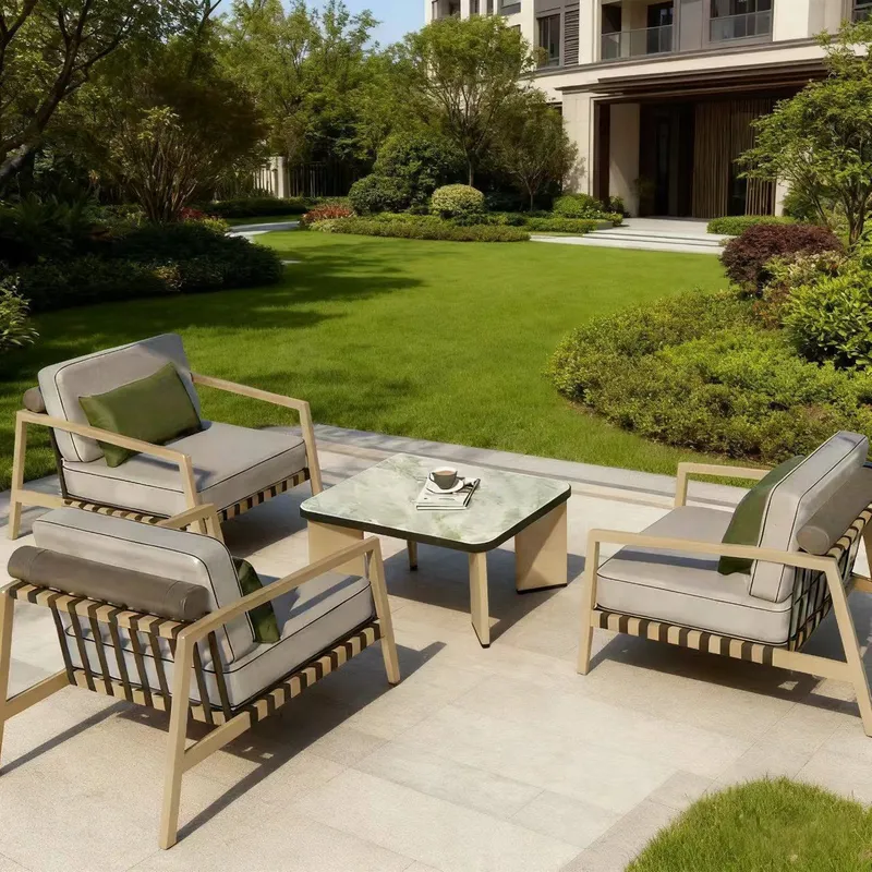 Rattan Lounge Set - 北欧風屋外ラタンソファアルミ合金製ウィッカーパティオ家具セット中庭バルコニーオープンエアラウンジシーティング