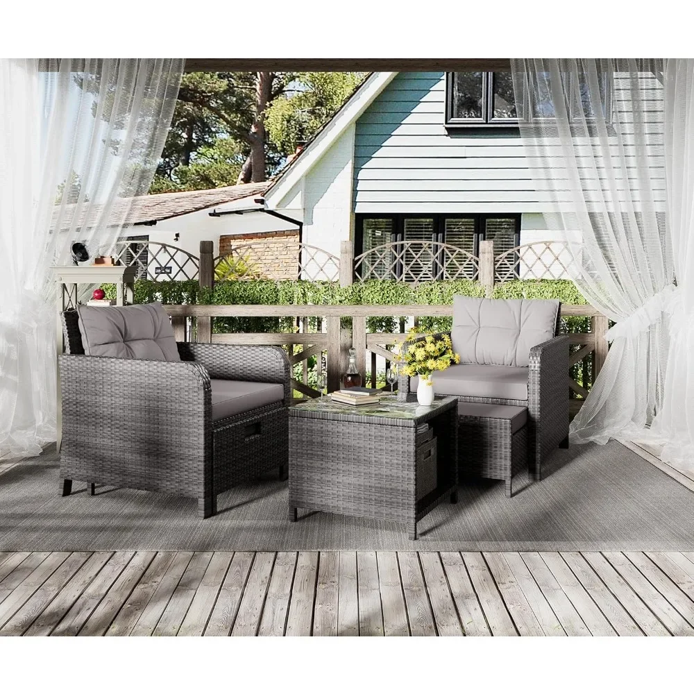 Rattan Lounge Set - # 5ピースパティオ会話セット用、ソフトクッション付き籐ラタンラウンジチェア2オットマン&ガラステーブル、ガーデン家具セット&