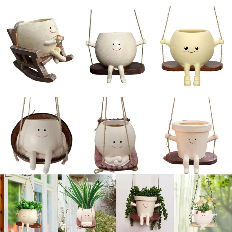 Garden Swing Chair - クリエイティブなロッキングチェア/スイング型多肉植物プランター、キュートな樹脂製ヘッドプランター、屋内屋外植物用ホームガーデン用品
