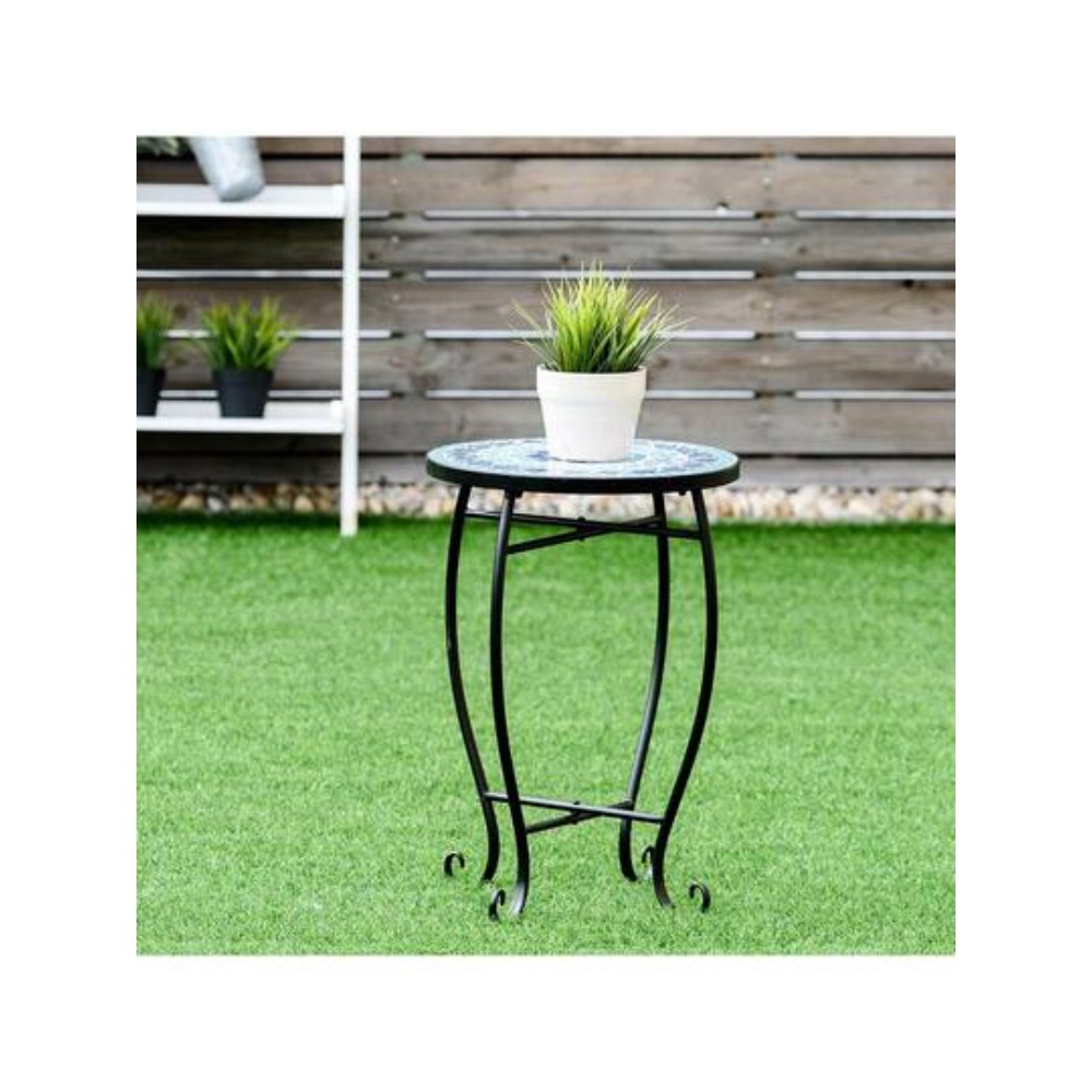 Outdoor Furniture Balcony - 屋外・屋内兼用モザイクアクセントテーブル パティオサイドテーブル 植木鉢スタンド コバルトブルースチール ガーデンデコレーション 頑丈なエンドテーブル