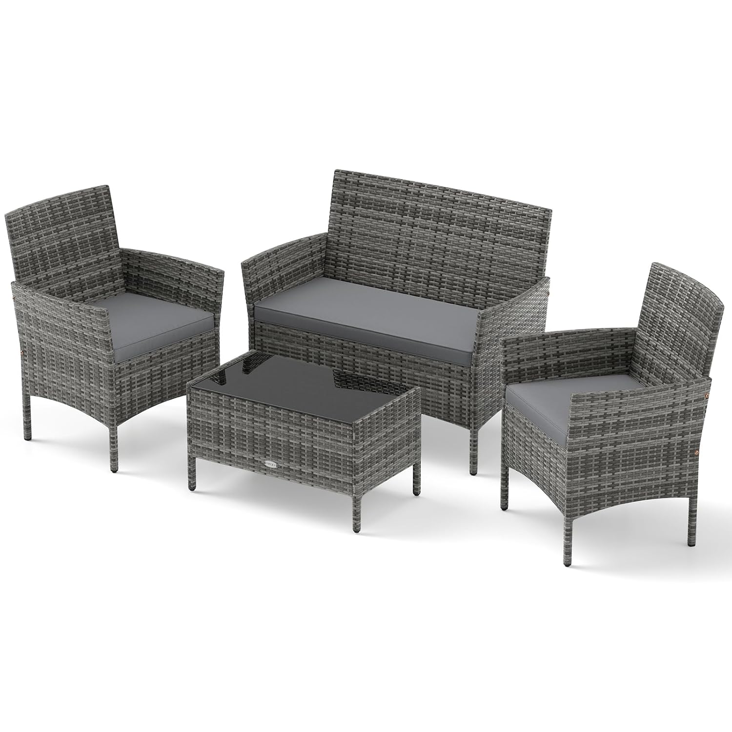 Outdoor Furniture Ofo - o*-4ピースパティオ家具セット - ラタン製屋外会話用ビストロセット（クッション付き）、ガラス製コーヒーテーブル、籐製椅子