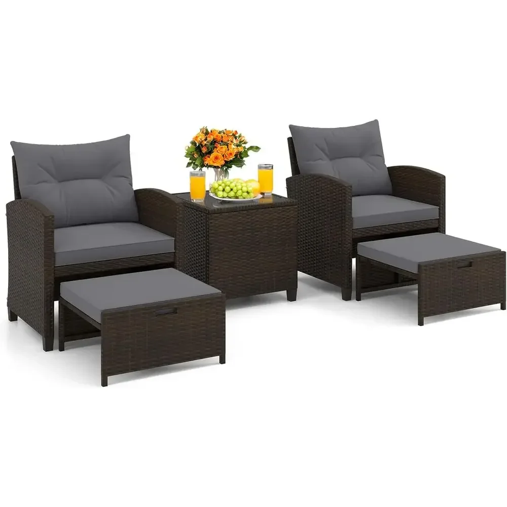 Rattan Lounge Set - オットマン付き5点パティオ家具セット、コーヒーテーブルとクッション付き籐製屋外会話セット、PEラタンラウンジチェア