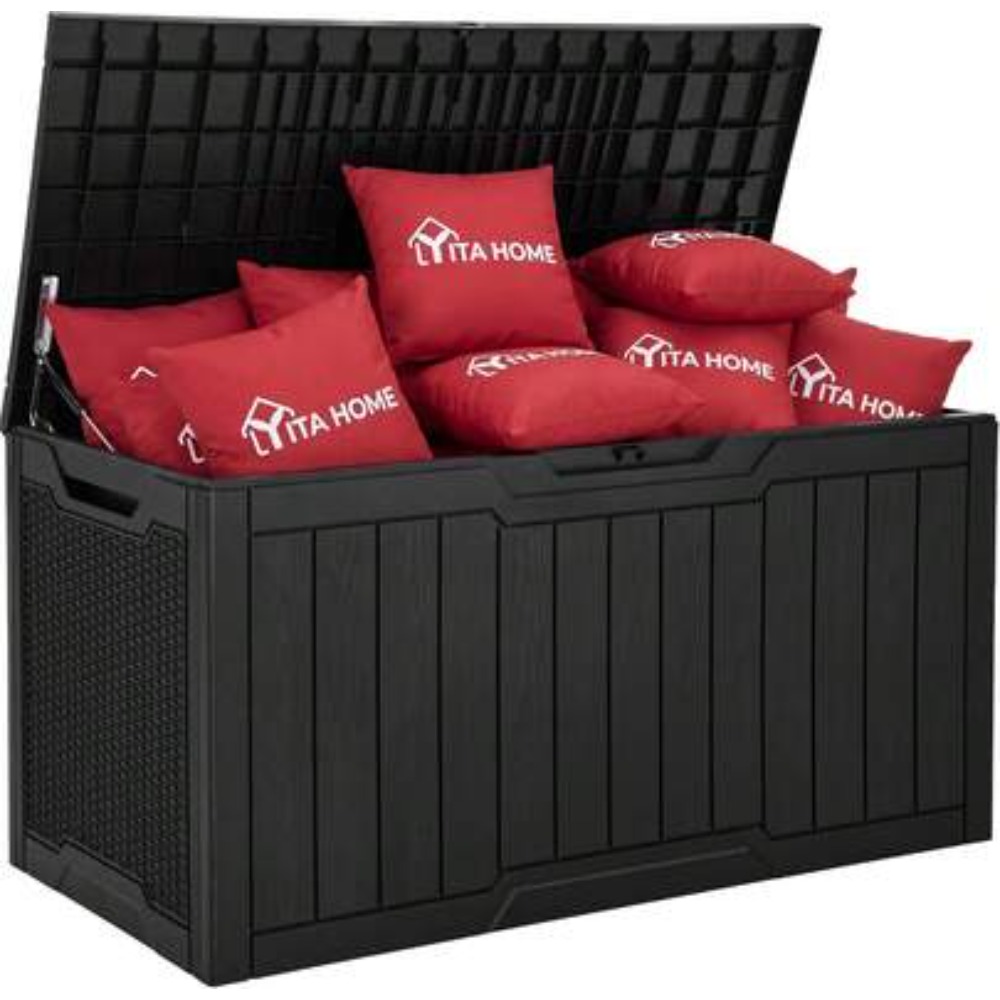 Outdoor Furniture Black - 100ガロン大型屋外デッキボックス 防水樹脂製収納コンテナ ロック可能な蓋付き パティオ家具クッション プールアクセサリー ガーデンツール用