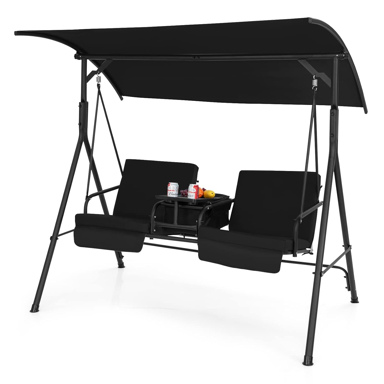 Outdoor Furniture Ofo - o*-2人用ポーチスイング、ピボット収納テーブル付き屋外スイング、クーラーバッグ、カップホルダー2個、取り外し可能なクッション、パティオ用