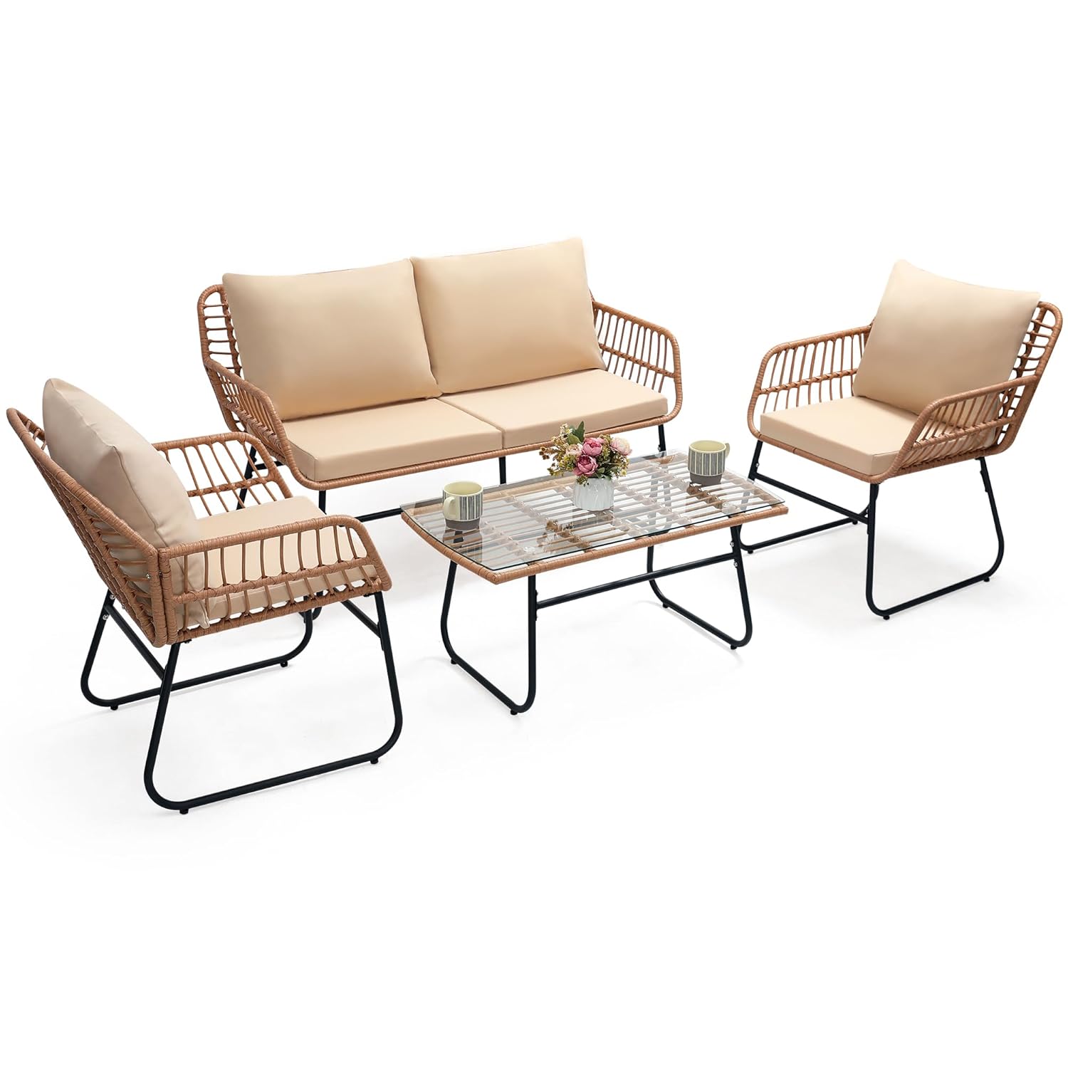 Outdoor Furniture Ofo - o*-4ピースパティオビストロ屋外家具セット、籐製ソファ、籐製椅子2脚、テーブル、裏庭会話セット、すべて込み