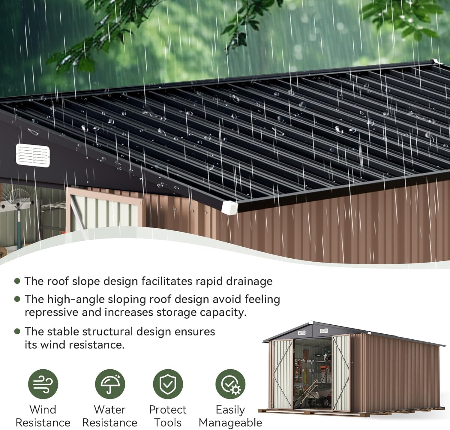 Outdoor Furniture Metal - 12 x 10フィートの屋外収納庫、両開き大型ドア付き、ブラウン | 金属製物置小屋、庭用屋外収納、カスタムメイド