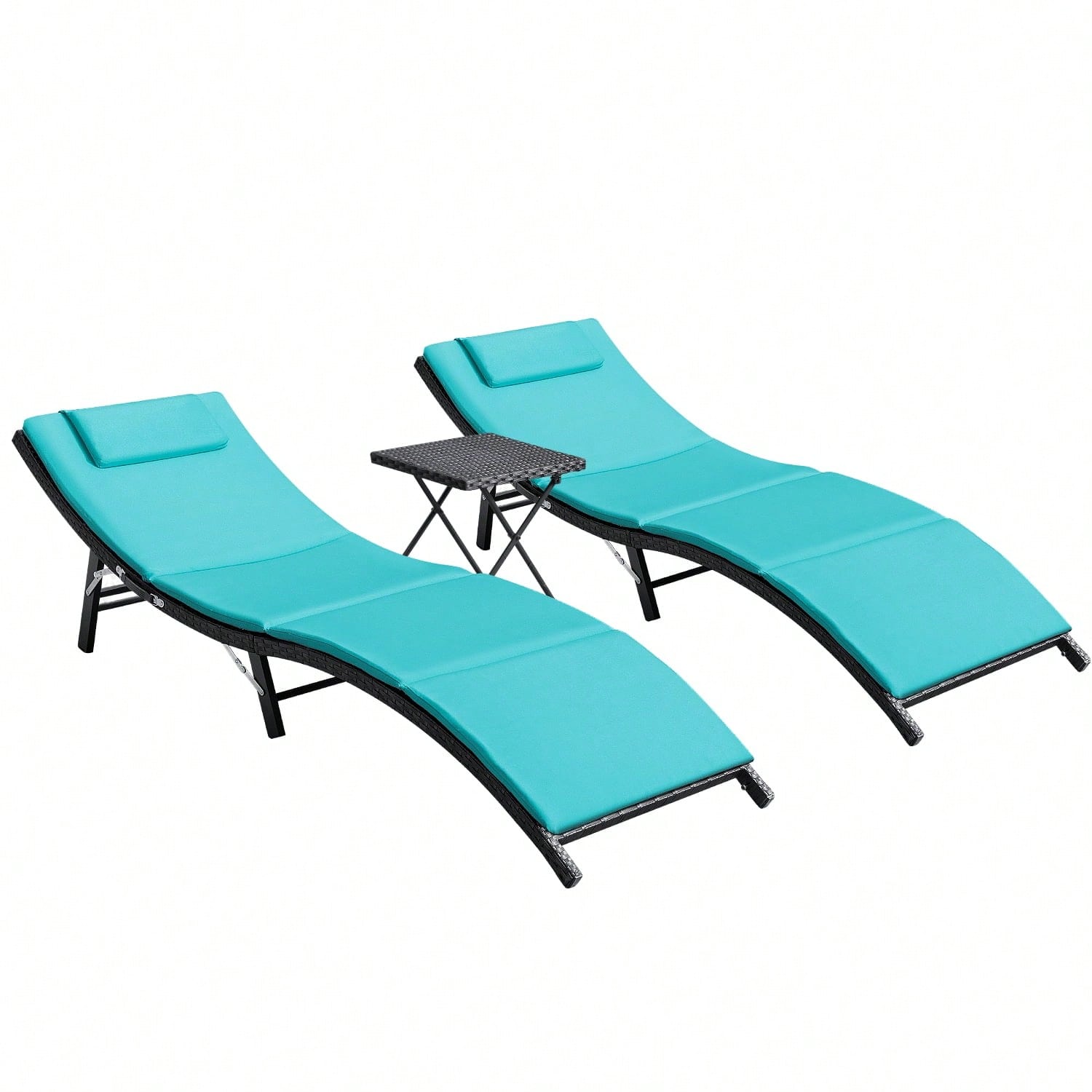Rattan Lounge Set - 3ピースパティオ屋外用ラウンジチェアセット、PEラタン製調節可能な折りたたみ式プールラウンジチェア