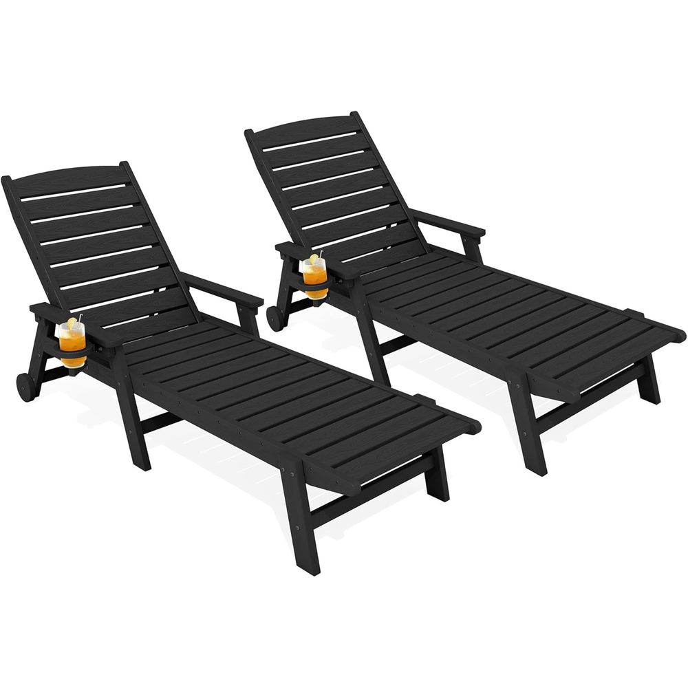 Outdoor Furniture Ofo - HDPE ラウンジチェア アウトドアセット o 2、カップホルダー付きパティオ長椅子リクライニングチェア、全天候型プールラウンジャーまたは屋外用、ブラック