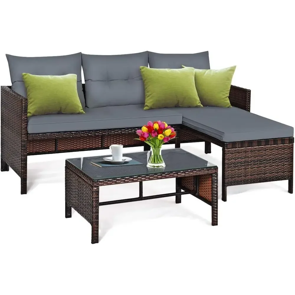 Rattan Lounge Set - 籐製パティオ家具セット ソファ3点セット、L字型PEラタン屋外セクショナルソファセット、ラブシート、ラウンジ、強化ガラス付き