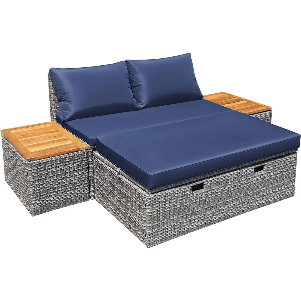 Rattan Lounge Set - ネイビーブルーの屋外パティオ用デイベッドセット、ラタン製ラウンジと2つのサイドテーブル付き、裏庭、ポーチ、プールサイド、ビーチに最適