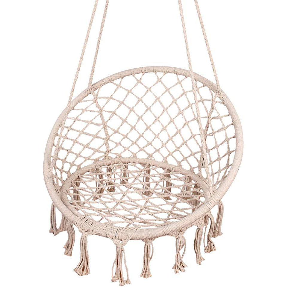 Garden Swing Chair - 白い吊り下げ式コットンロープマクラメハンモックスイングチェア、吊り下げキット付き、屋内パティオ、ポーチ、庭での読書、レジャー、リラックスに最適