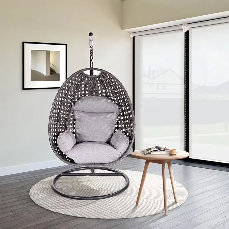 Garden Swing Chair - 高級モダンガーデンウィッカーメタルハンギング家具屋外パティオポーチラタンスイングエッグチェア（スタンド付き）