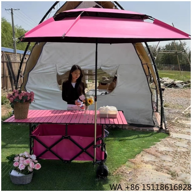 Outdoor Furniture Table - 420L高品質4段階高さ調節可能ヘビーデューティー折りたたみ式ワゴン（キャノピー付き、ピンク、幅広ホイール）キャンプ＆販売カート用