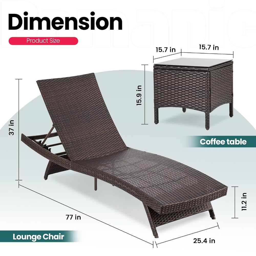 パティオ用シェーズロングセット3点セット、調節可能な背もたれ - Rattan Lounge Set のレビューと価格