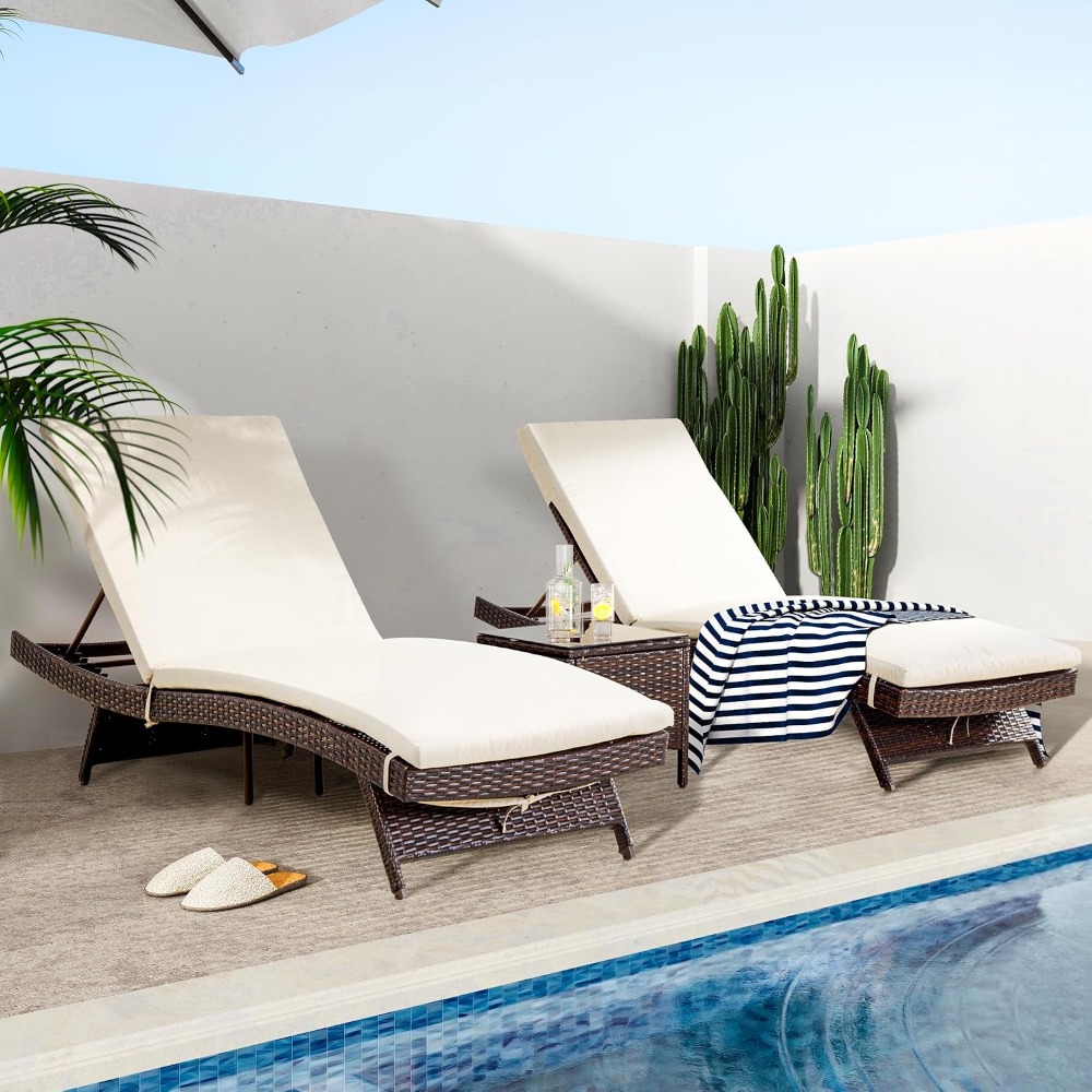 パティオ用シェーズロングセット3点セット、調節可能な背もたれ - Rattan Lounge Set のレビューと価格