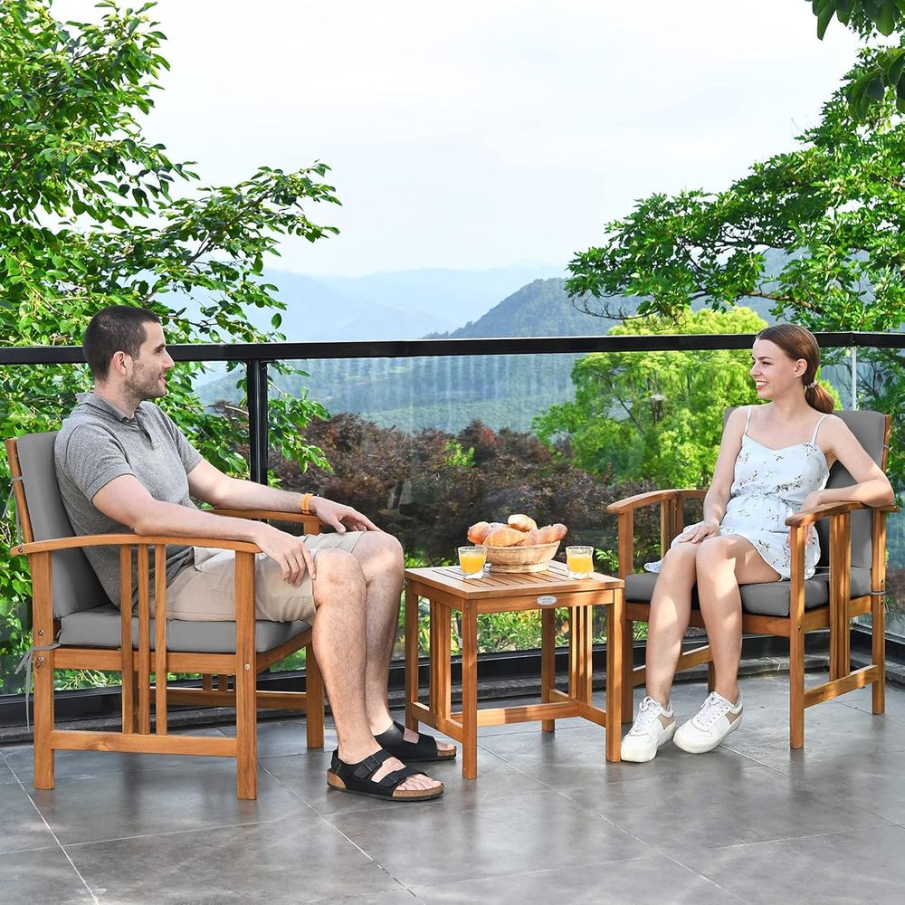 3ピースパティオ家具セット、屋外用アカシア材クッション付き椅 - Outdoor Furniture Ofo のレビューと価格