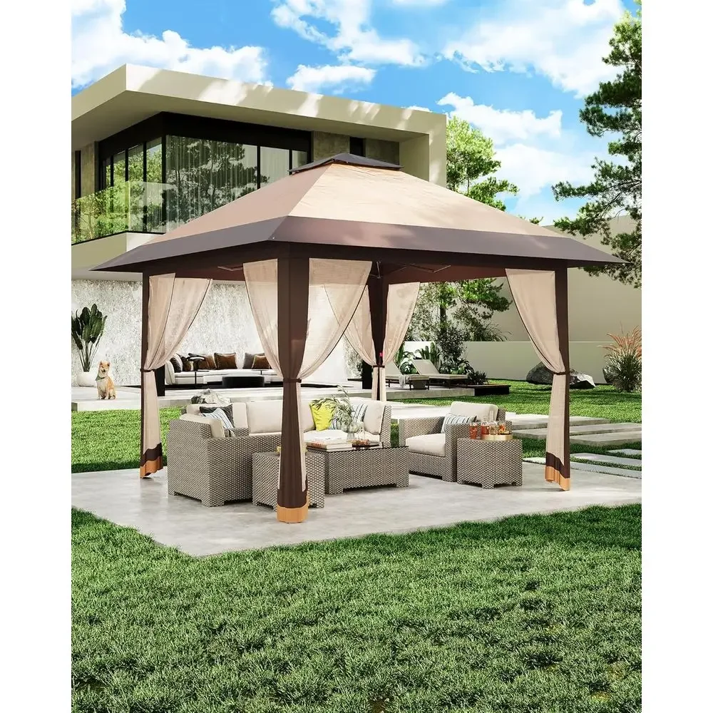 13x13フィートの屋外用ガゼボ、メッシュカバー付き、高さ調 - Outdoor Furniture Balcony のレビューと価格