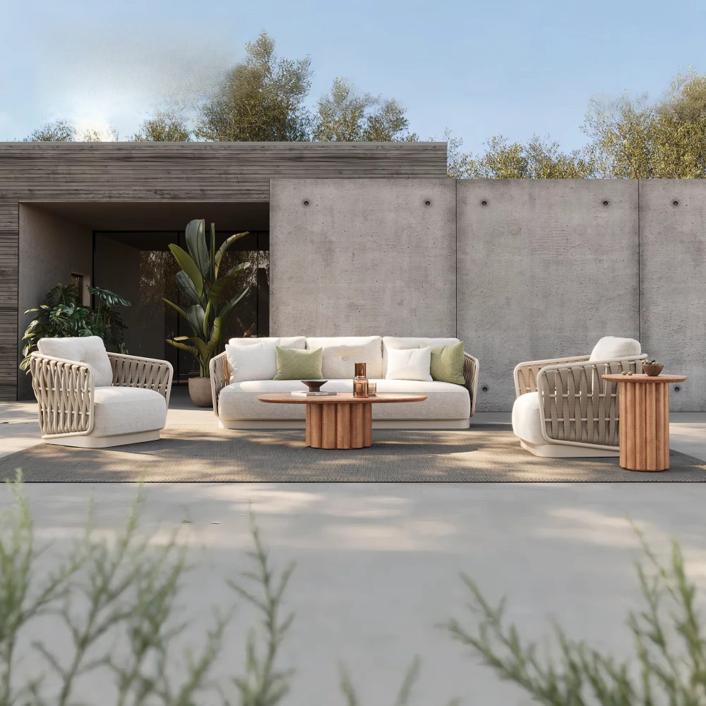 ガーデンコンフォートソファメタルセット高級編みロープデザイン - Rattan Lounge Set のレビューと価格