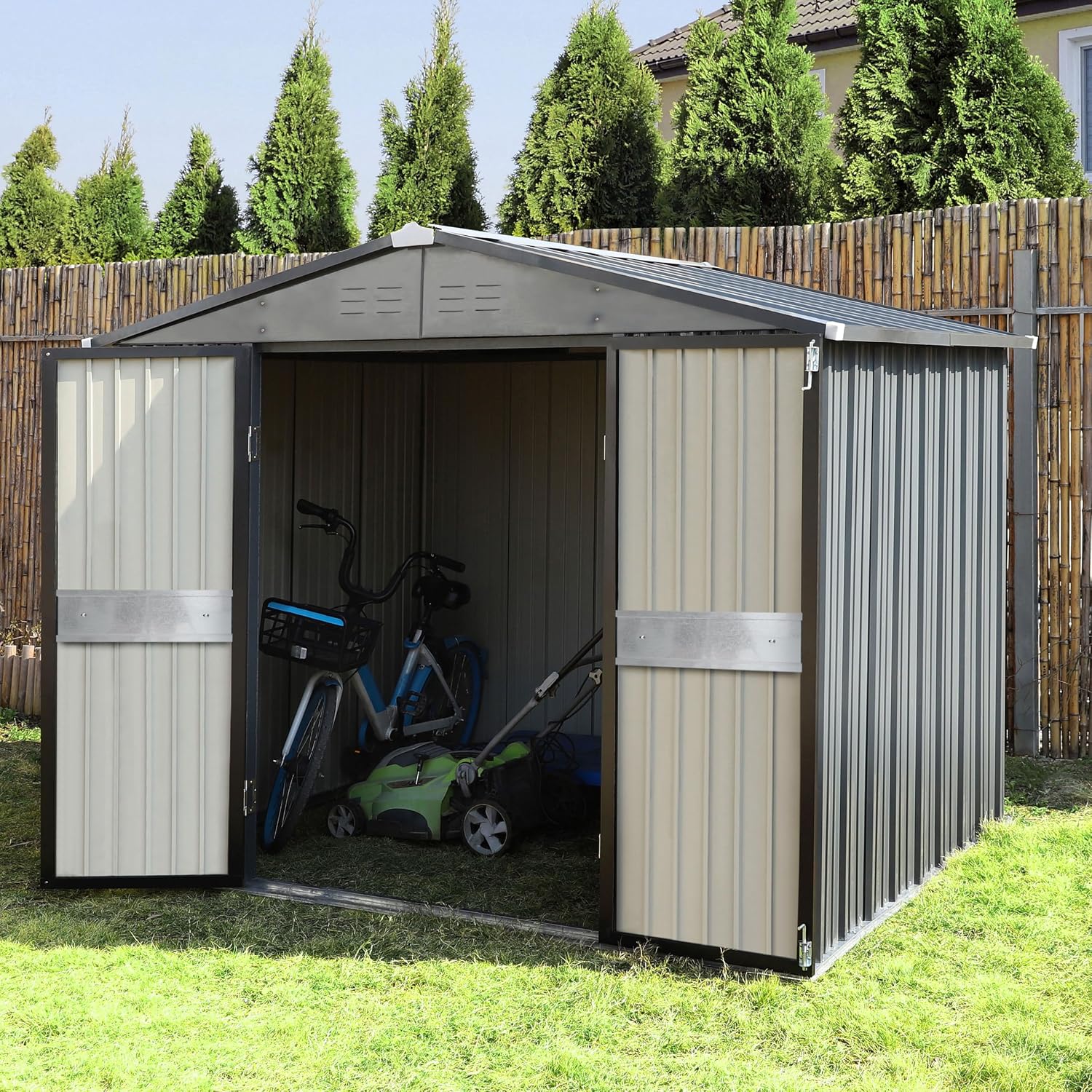 10フィート x 10フィートの屋外収納庫（両開きドア付き） - Outdoor Furniture Metal のレビューと価格