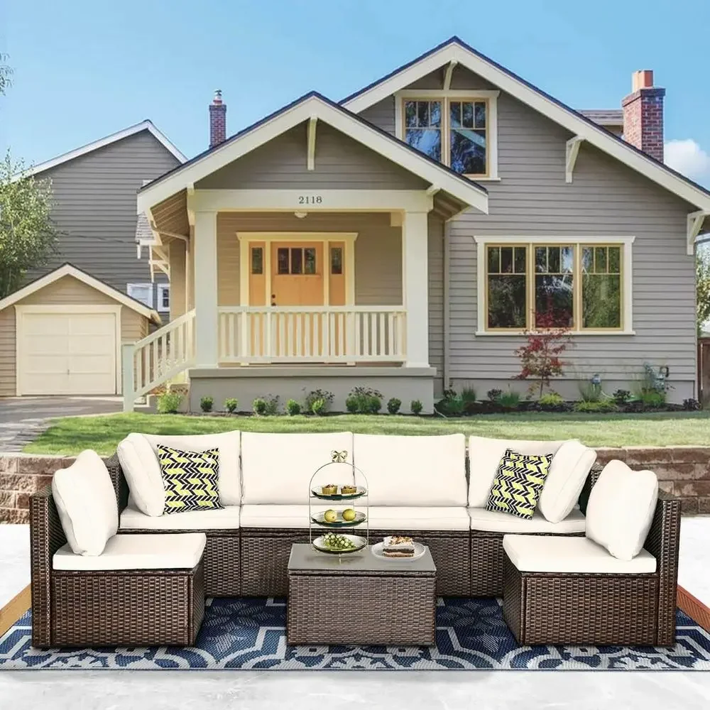 7ピースの屋外用籐製セクショナルパティオ家具セット、ソファ、 - Outdoor Furniture Ofo のレビューと価格
