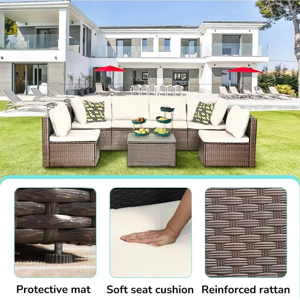 7ピースの屋外用籐製セクショナルパティオ家具セット、ソファ、 - Outdoor Furniture Ofo のレビューと価格