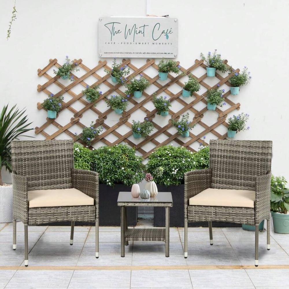 屋外用パティオ家具3点セット、グレーのラタン製会話セット（椅 - Rattan Lounge Set のレビューと価格