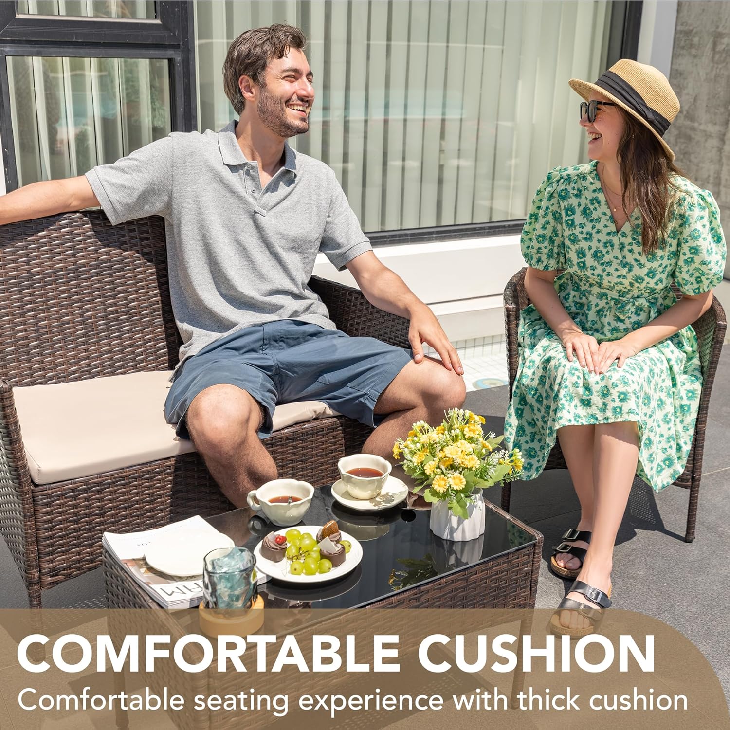 o*-4ピース屋外パティオ家具セット、PEラタン製ウィッカー - Outdoor Furniture Ofo のレビューと価格