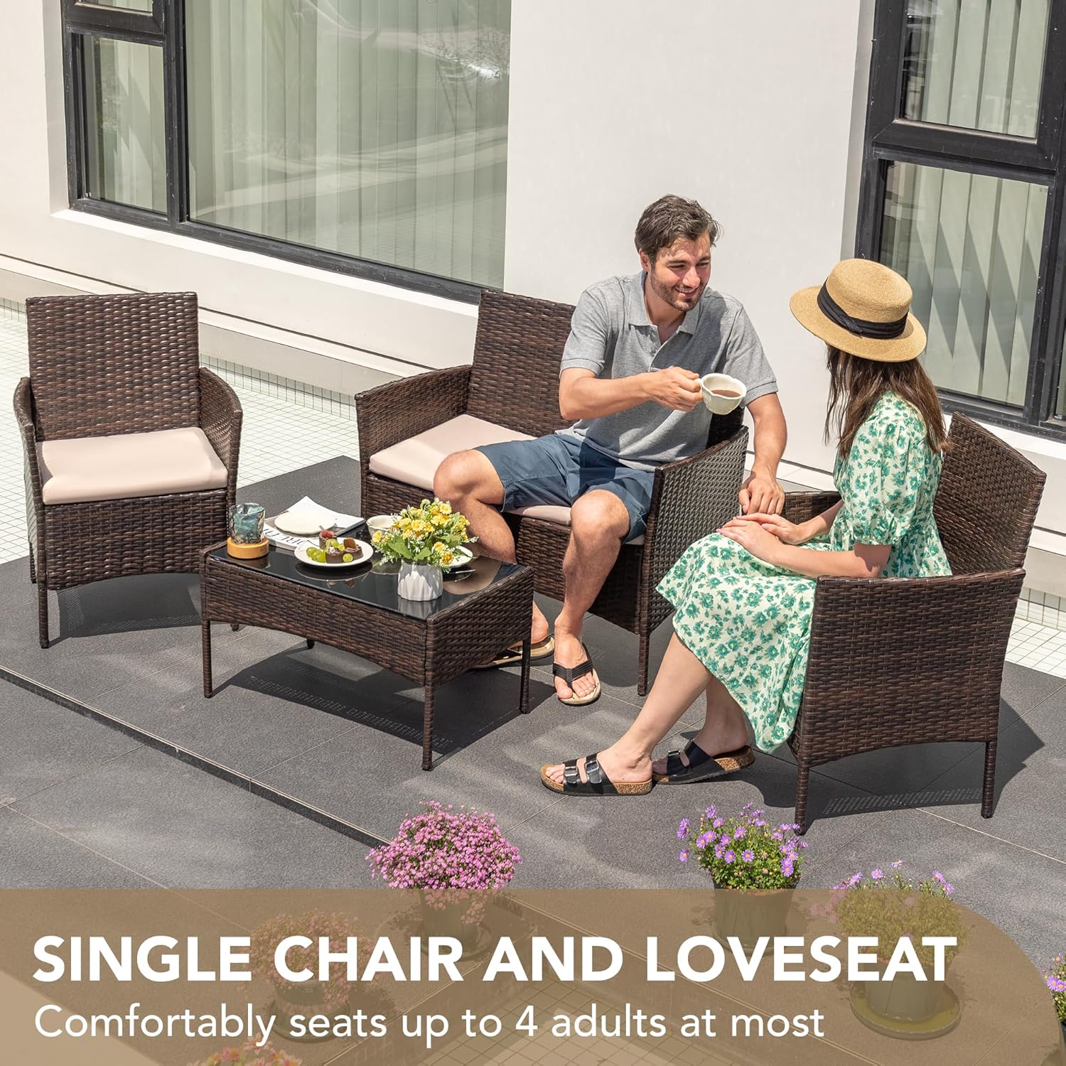 o*-4ピース屋外パティオ家具セット、PEラタン製ウィッカー - Outdoor Furniture Ofo のレビューと価格