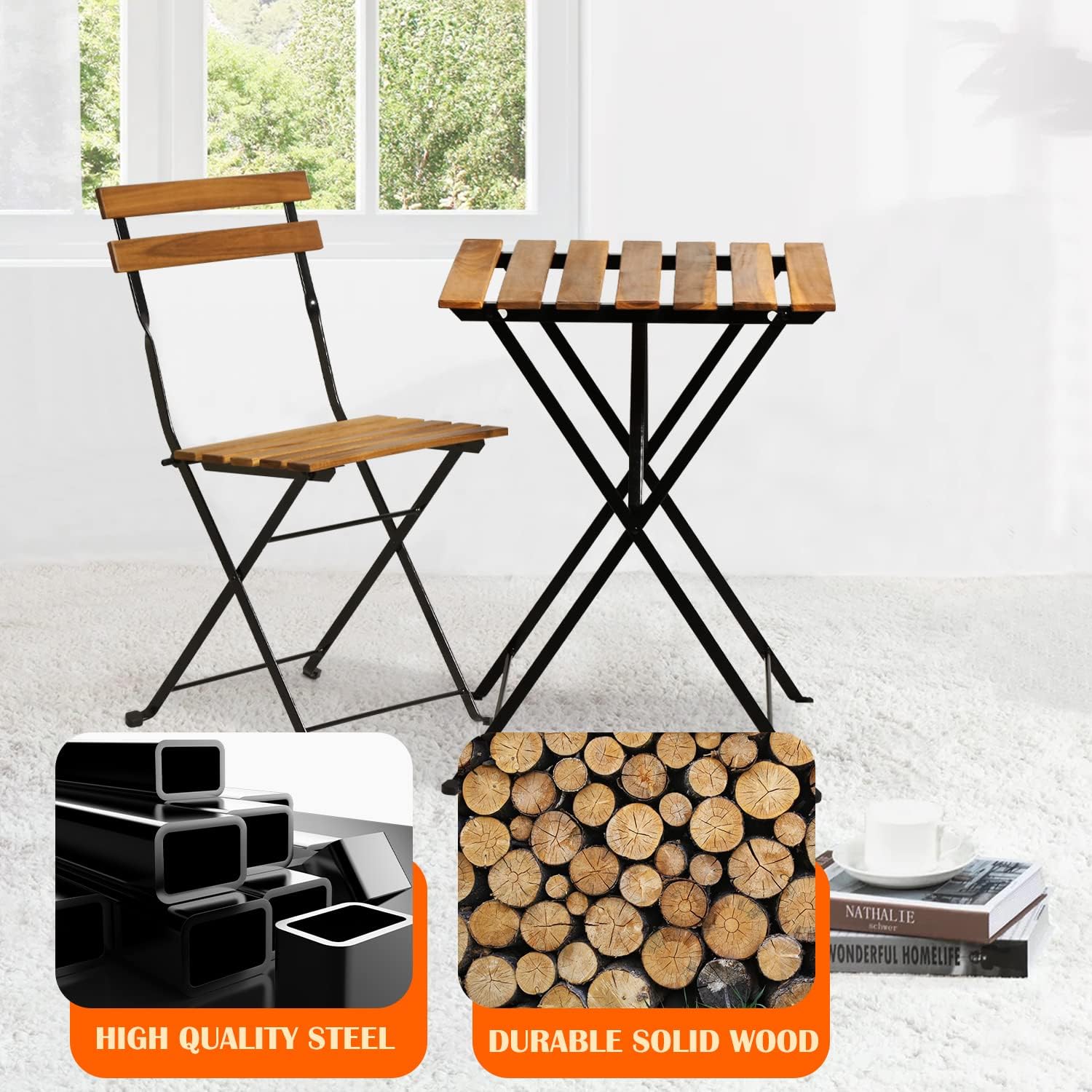 天然木製3ピース折りたたみ式パティオビストロセット（テーブル - Outdoor Furniture Wood のレビューと価格