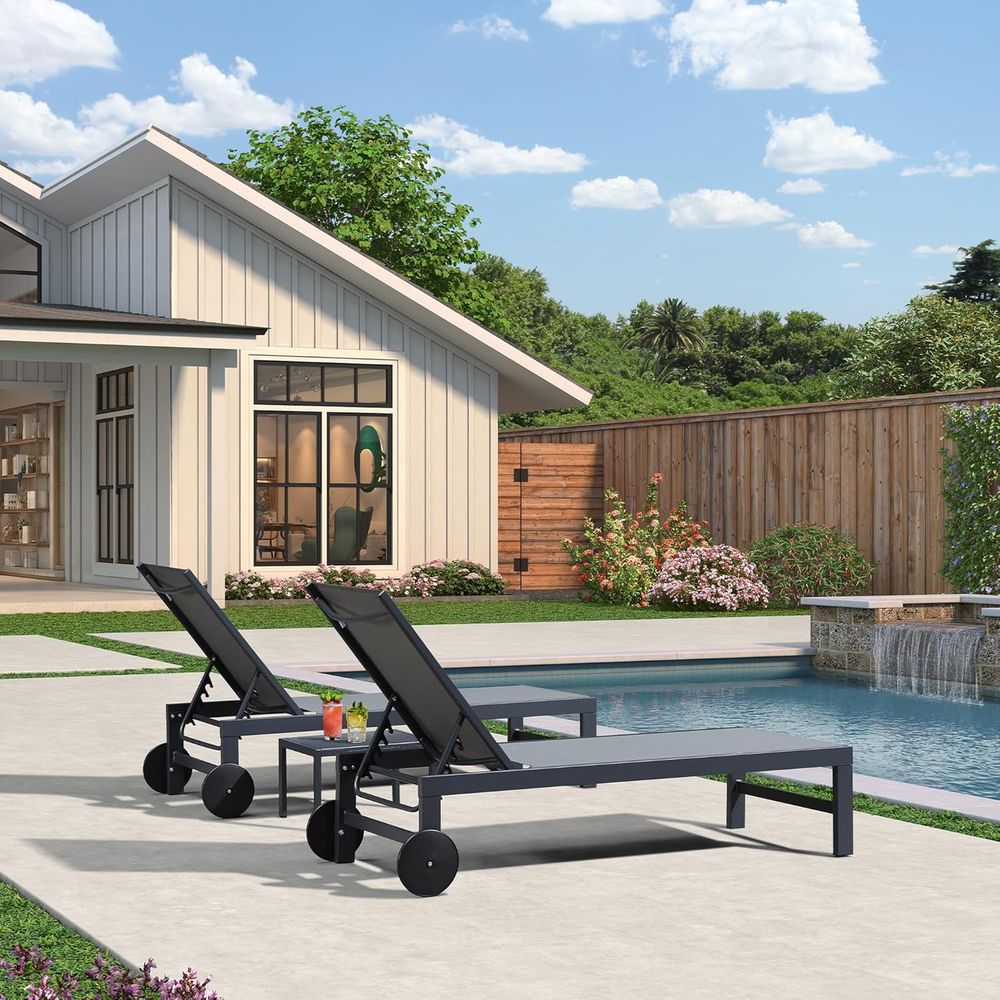 ホイール付きプールラウンジチェアセット、耐候性パティオチェア - Outdoor Furniture Ofo のレビューと価格