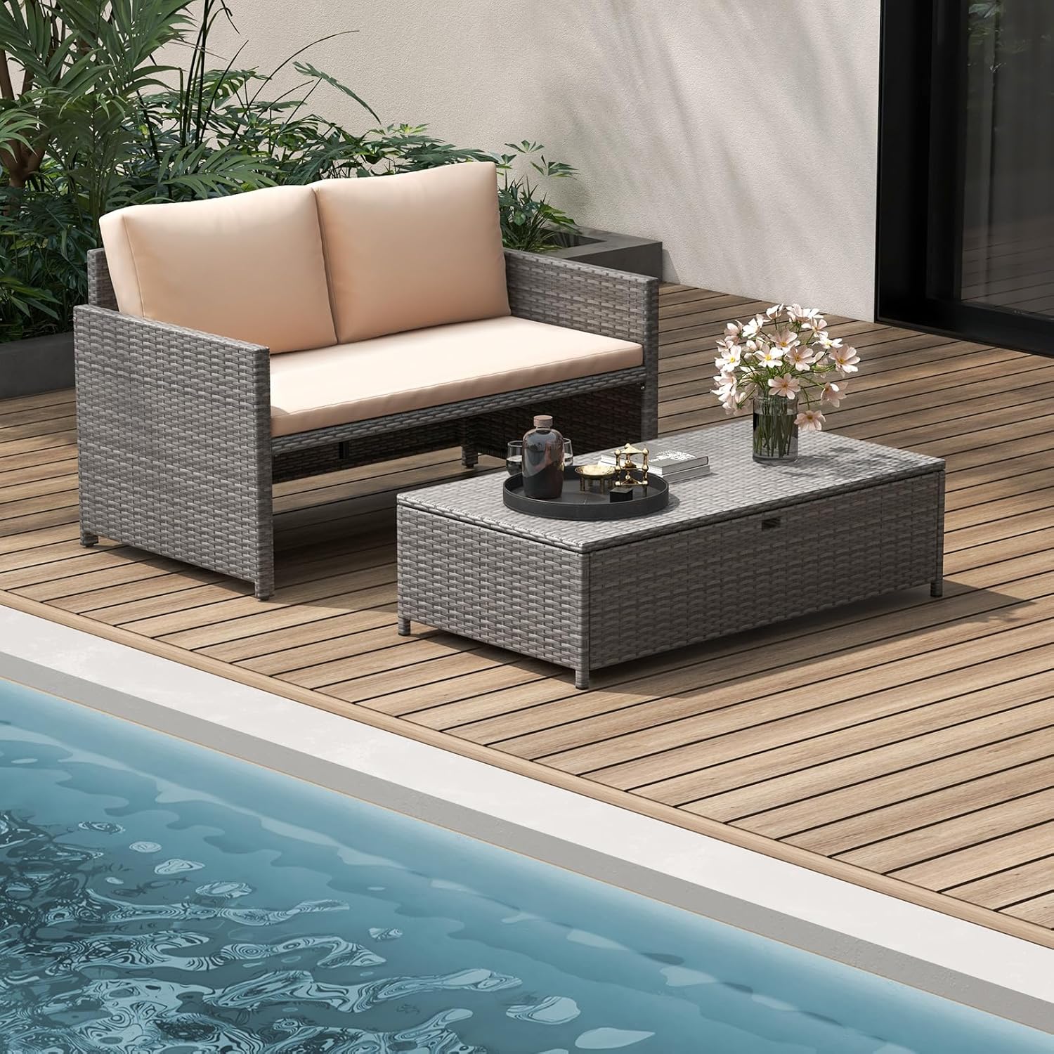 籐製パティオデイベッド ラブシート オットマン クッション  - Outdoor Furniture Balcony のレビューと価格