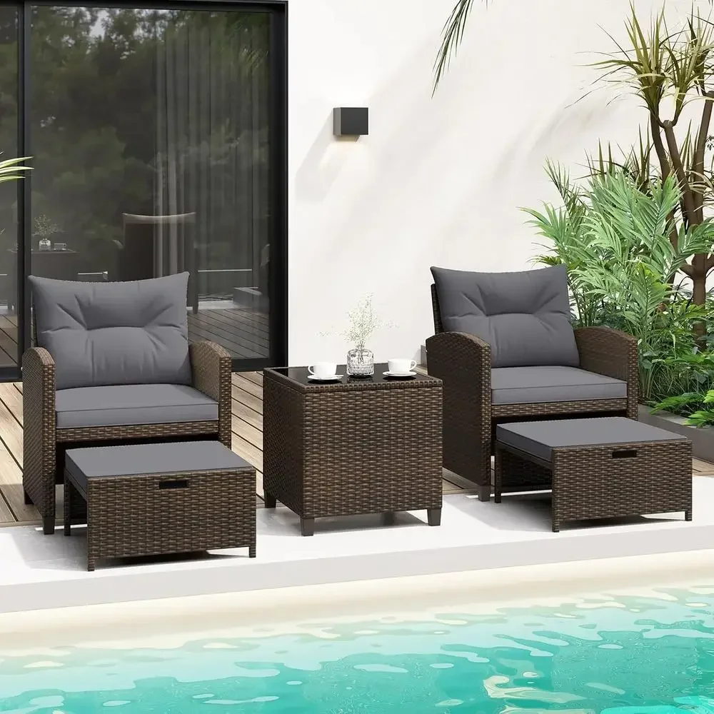 オットマン付き5点パティオ家具セット、コーヒーテーブルとクッ - Rattan Lounge Set のレビューと価格
