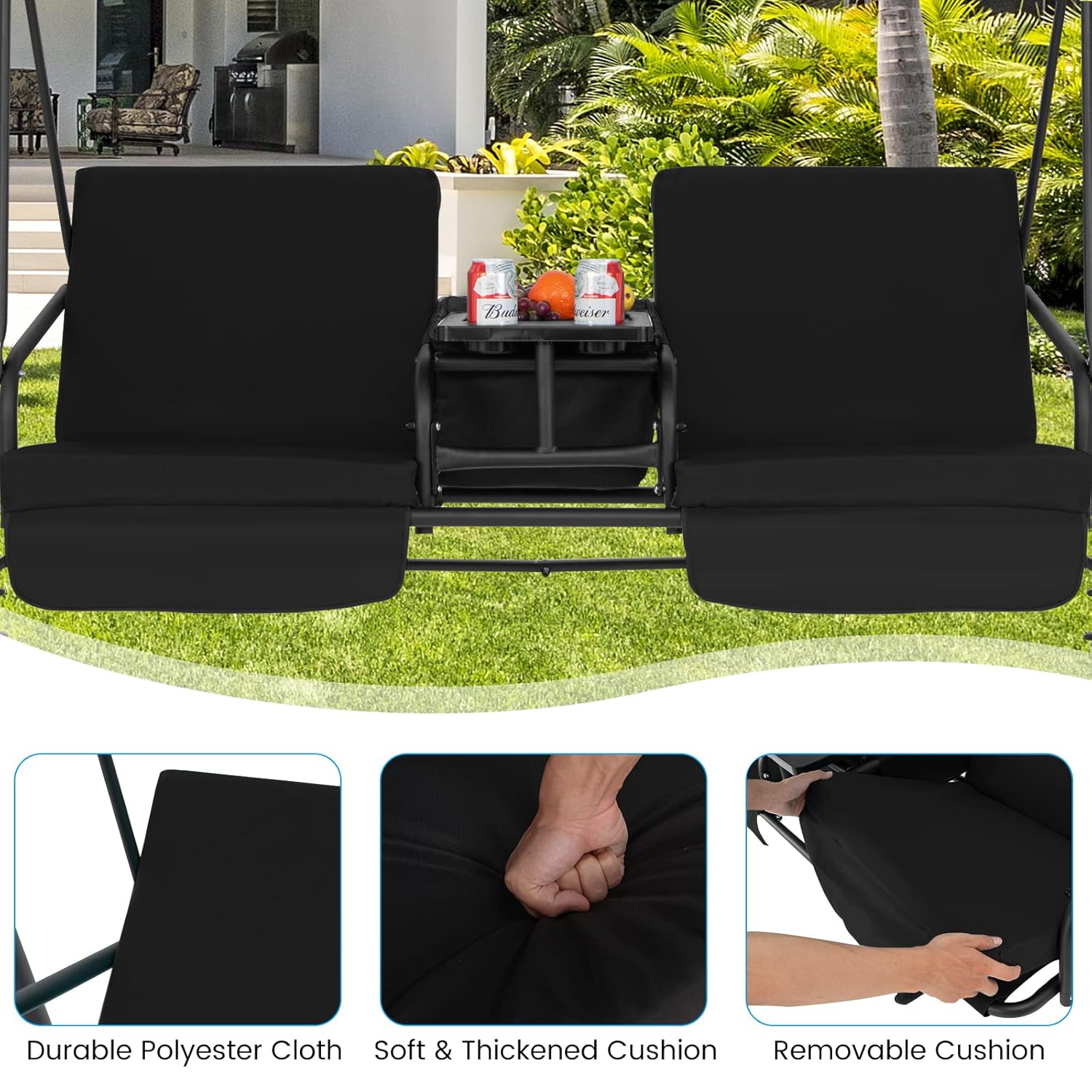 o*-2人用ポーチスイング、ピボット収納テーブル付き屋外スイ - Outdoor Furniture Ofo のレビューと価格