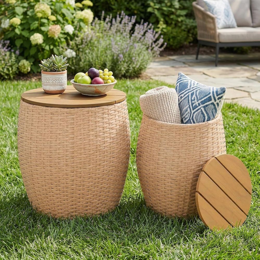 サイドテーブルセット o 2、収納バスケット付き籐製ラウンド - Outdoor Furniture Ofo のレビューと価格